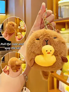 Pull String Wag Tail Fluffy Animal Keychain Set Interactive Capybara Penguin Otter Pig Plush Pendant Aesthetic Backpack Bag Charm Stress Relief Toy Gift for Women Girls Teens Animal Lovers