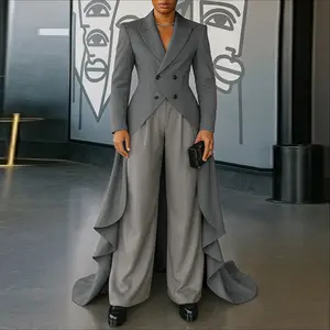 INCERUN Men's Fall outfit Grey Irregular Hem Tailcoat Wide Leg Pants Set for Halloween，Unique Fashion Comfortable Formal Gala Party Art Exhibition
