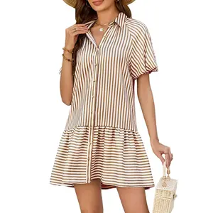 Aswulk Womens Summer Button Down Shirt Dress Casual Striped Puff Short Sleeve Collared Loose Mini Dresses