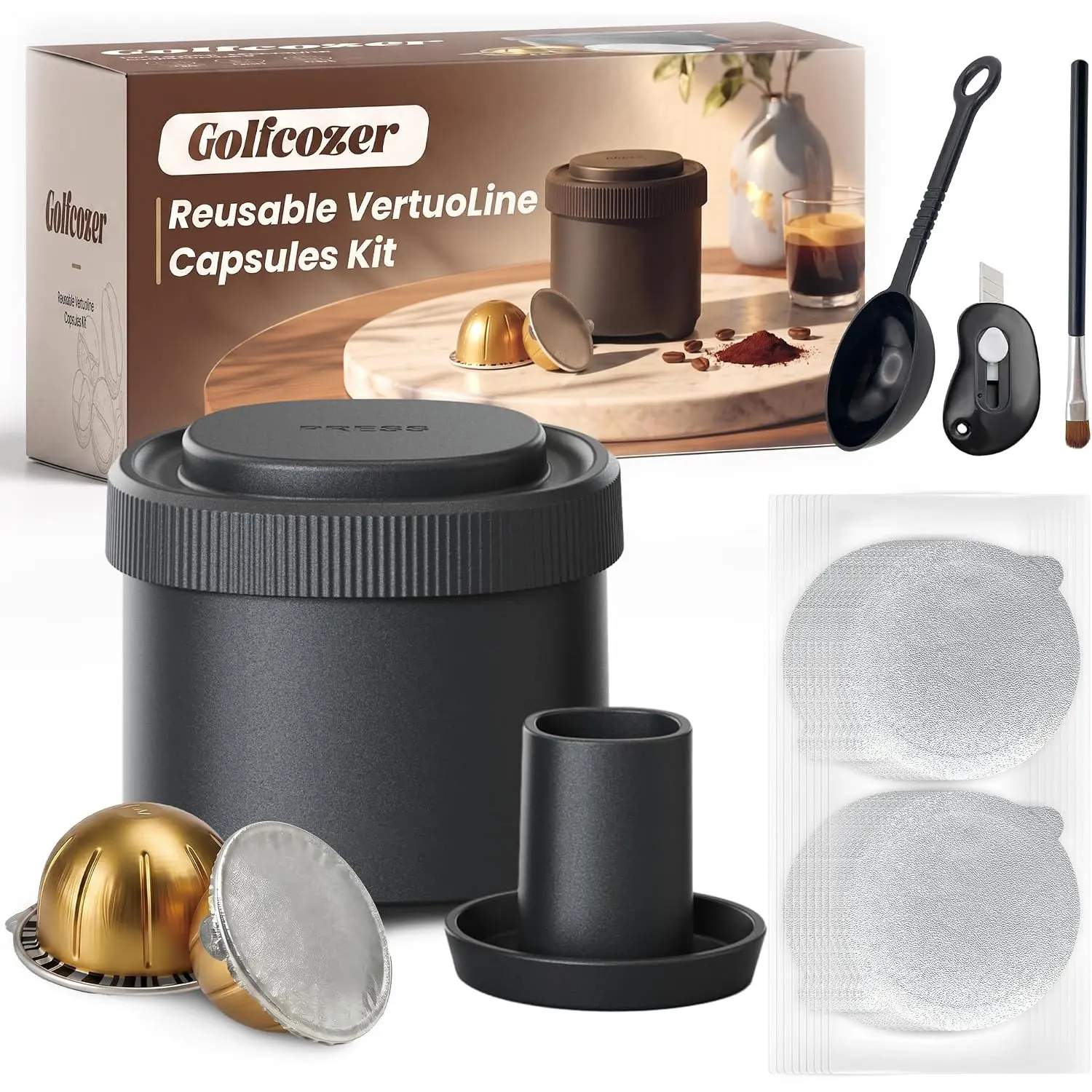 Reusable Pods Kit for Vertuo, Refillable Coffee Capsule for Vertuo with 100Pcs Aluminum Foil Seals Lids for VertuoLine Compatible with VertuoPlus Next Machine - No Pods Included