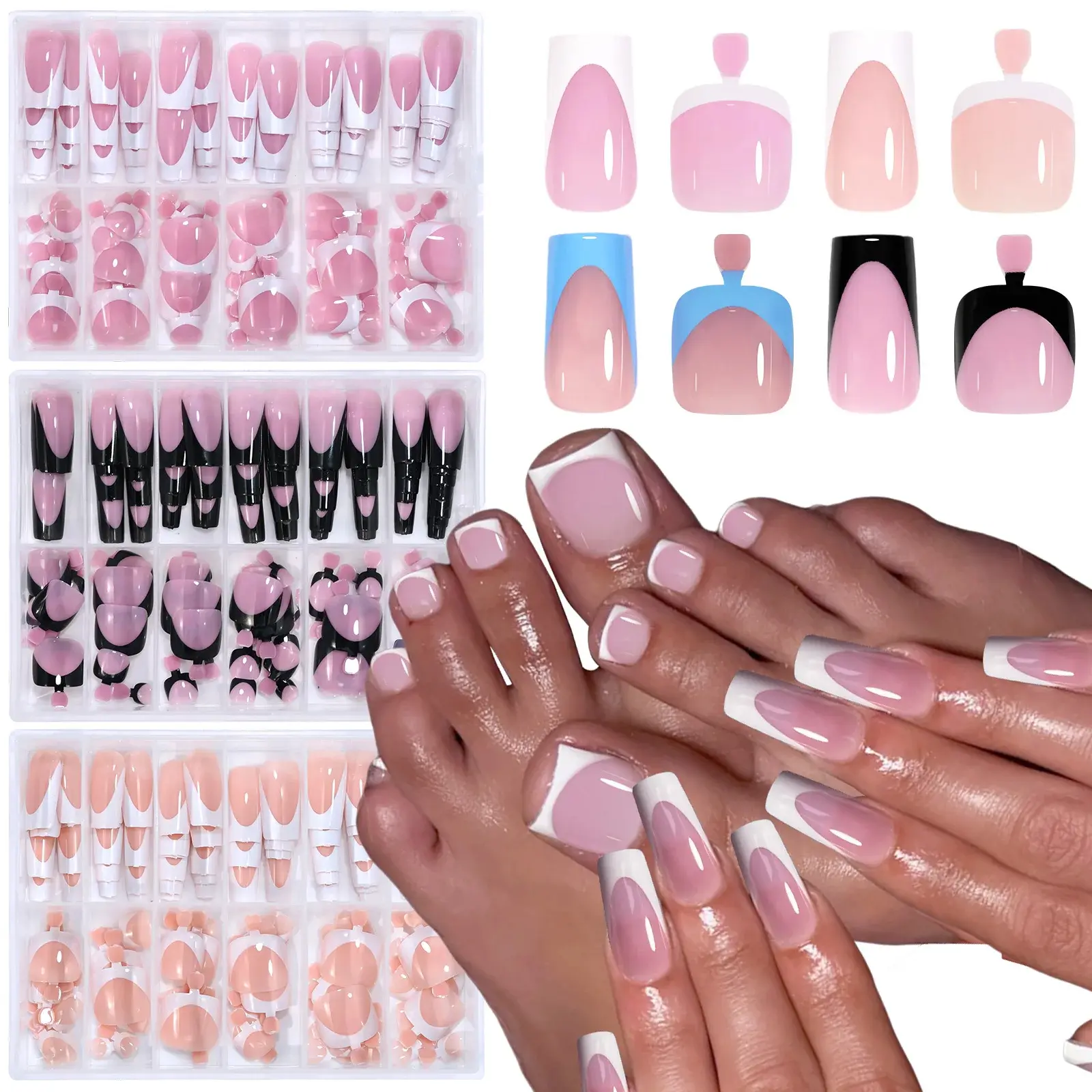 144PCS French Press On Nails Set for Hands & Toes, Pink Glossy Full Cover False Nails, Short Square Acrylic Style Nail Kit for Women
