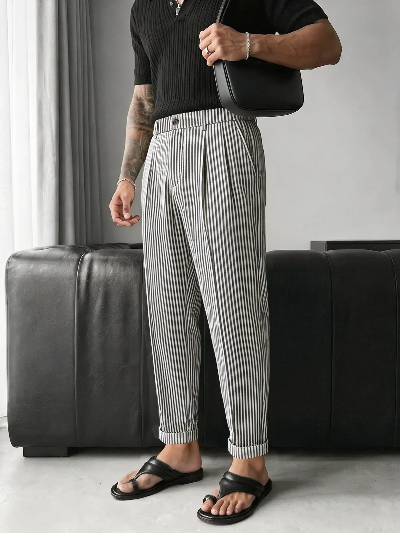Men's Striped Suit Pants, Casual Ankle-Length Fitted Pants, Button Fly, Button Up Trousers, Natural Waist, All-Season Business Wear, Comfortable Long Pants, Casual Button Trousers