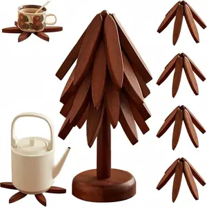 Tree-Shaped Wooden Heat Insulating Pad Set, 4 Walnut Pads + 1 Stand, Foldable Design, High-Temperature Kitchen Mat, Coffee Table Mat, Ideal for Hot Dishes, Pots, Bowls, Teapots