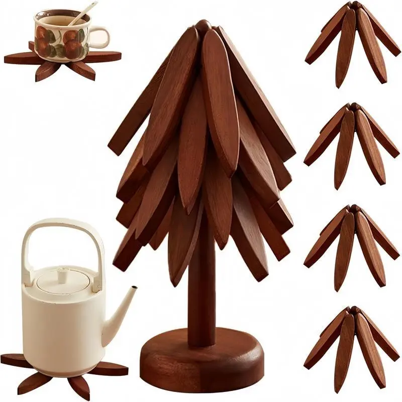 Tree-Shaped Wooden Heat Insulating Pad Set, 4 Walnut Pads + 1 Stand, Foldable Design, High-Temperature Kitchen Mat, Coffee Table Mat, Ideal for Hot Dishes, Pots, Bowls, Teapots, Heat Resistant Placemat