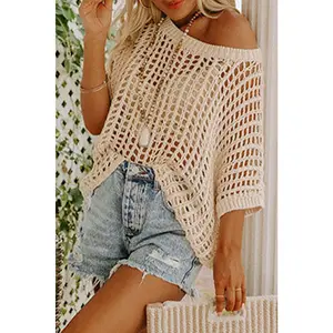 Apricot Fishnet Knit Ribbed Round Neck Short Sleeve Tee