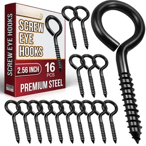 16 count Screw Eyes, 2.56 Inch Black Eye Hooks Screw Self Tapping Eye, Heavy Duty Eye Bolt for  Securing Cables Wire, Hammock Stand, Indoor & Outdoor Use