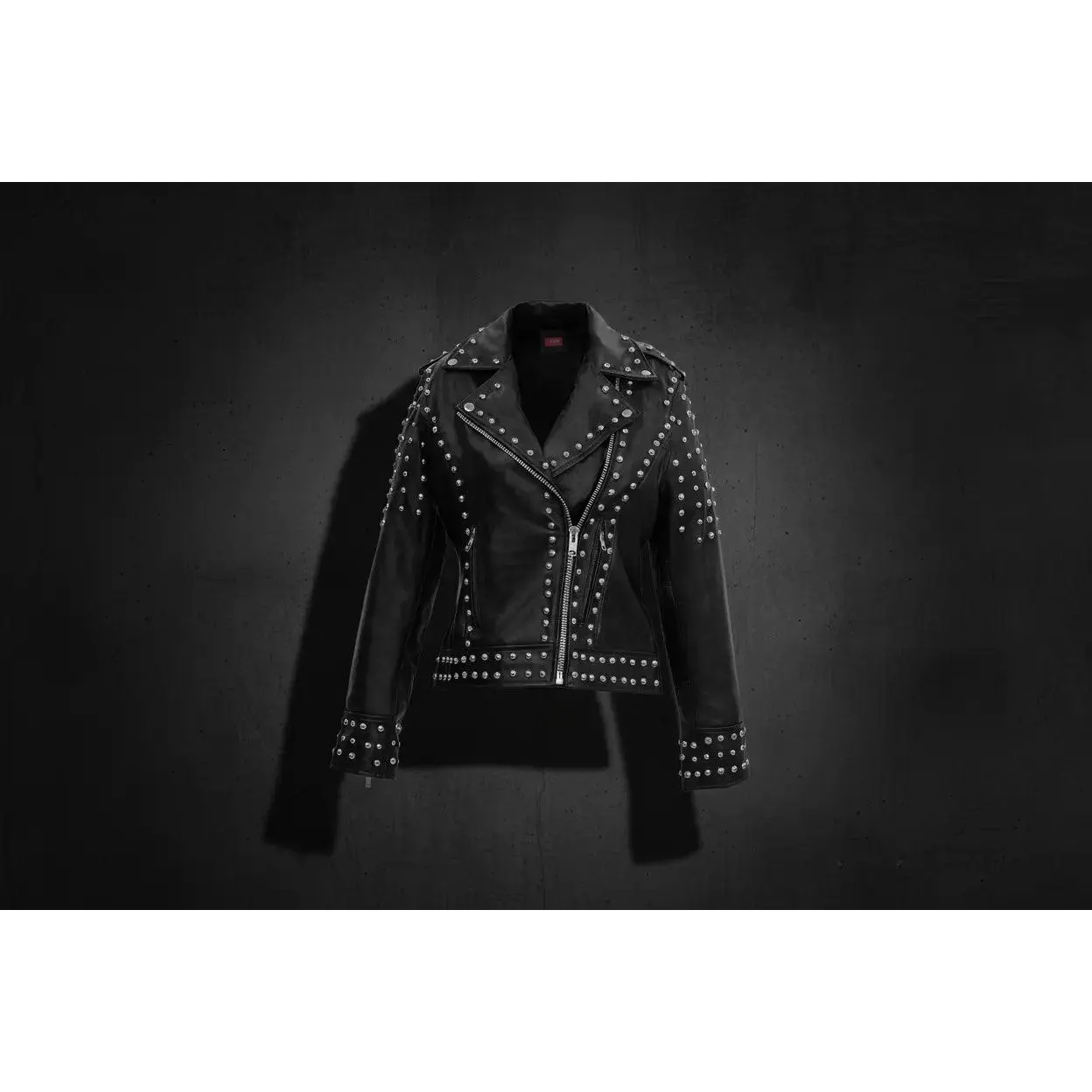 Women's Studded Moto Jacket in Genuine Lambskin Leather, Zipper Front Outerwear Coat with Quilted Lining, Long Sleeve, Pocket, Soft, Comfortable, Tops, Viscose, Full Sleeves, Front Zip, 1 Interior Pocket, Biker