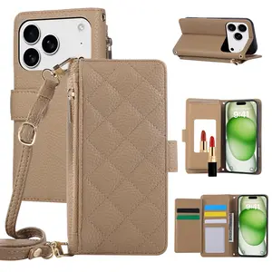 Magnetic Flip Case for iPhone Models 13-17 Series, Wallet Design with Mirror & Lanyard, Shockproof Protective Cover for Women