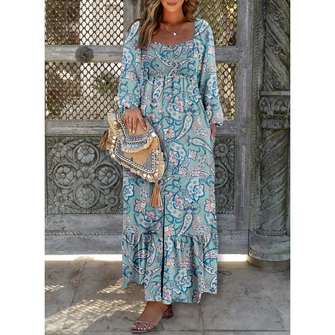 DOKOTOO Women's Boho Floral Smocked Empire Waist Square Neck Long Sleeve  Button Beach Maxi Dress Sundress Brown Viscose Fitted Flowy Ruffle Hem -  TikTok Shop