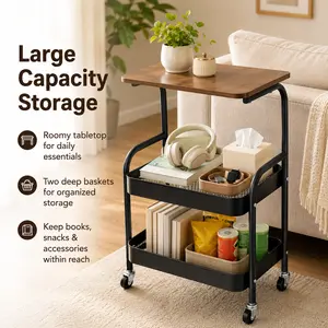 3 Tier Metal Cart, Metal Storage Rack, Rolling Cart with Wooden Tabletop, Multifunctional Storage Rack with Wheels, Durable Steel Frame, Suitable for Kitchen, Office, Bedroom, Living Room