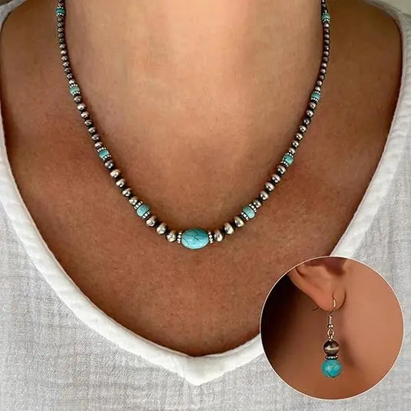Western Jewelry Set Navajo Pearl Necklace Earring Set Turquoise Jewelry for Women Country Concert Cowgirl Dress Boho Necklaces Western Outfit for Women