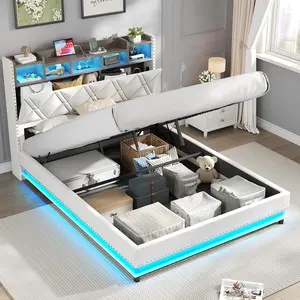 Vabches Lift Up Storage Bed Frame,LED Lights Upholstered Platform Bed with Storage Headboard and Charging Station, No Box Spring Needed, Easy Assembly