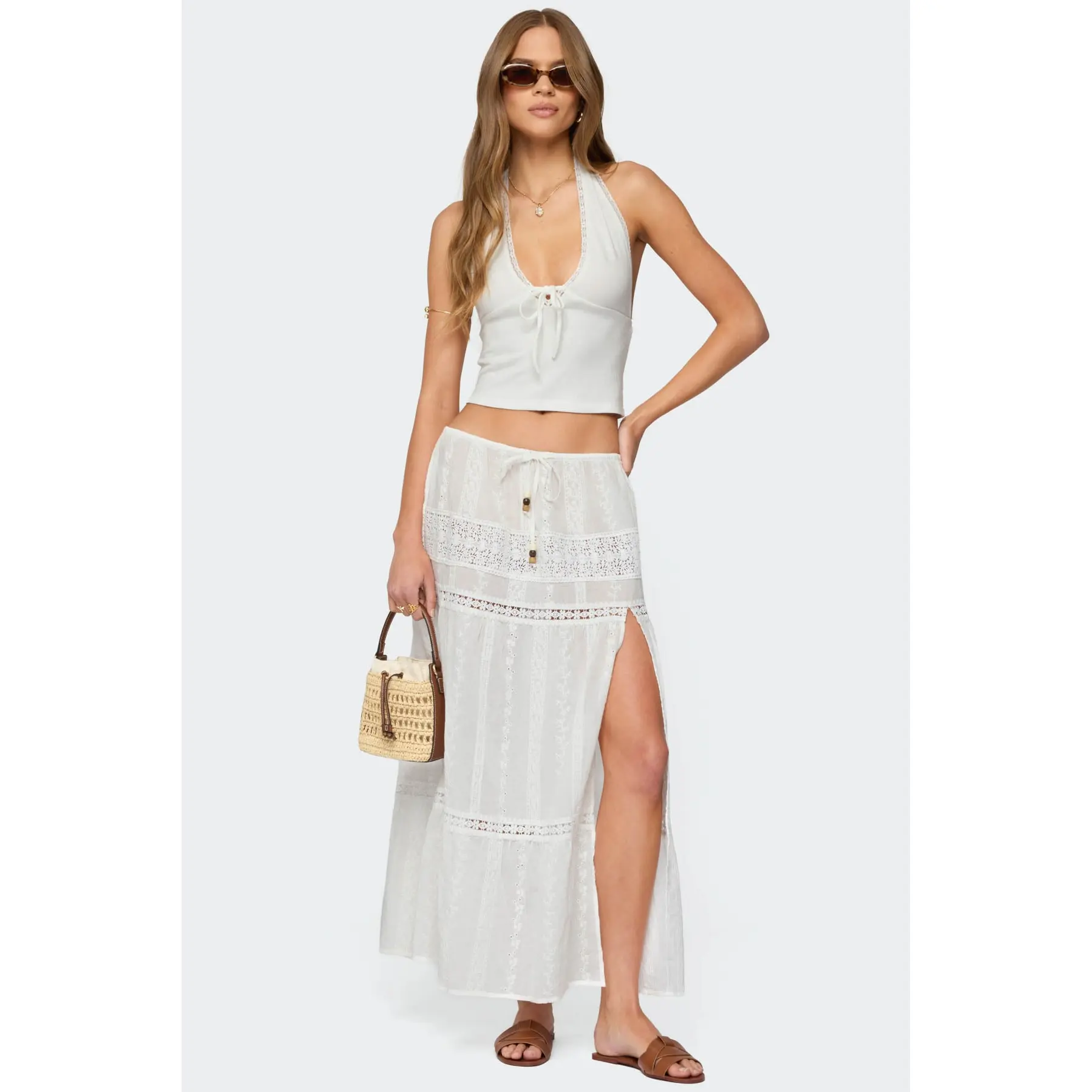 Embroidered Cotton Lace Slitted Maxi Skirt