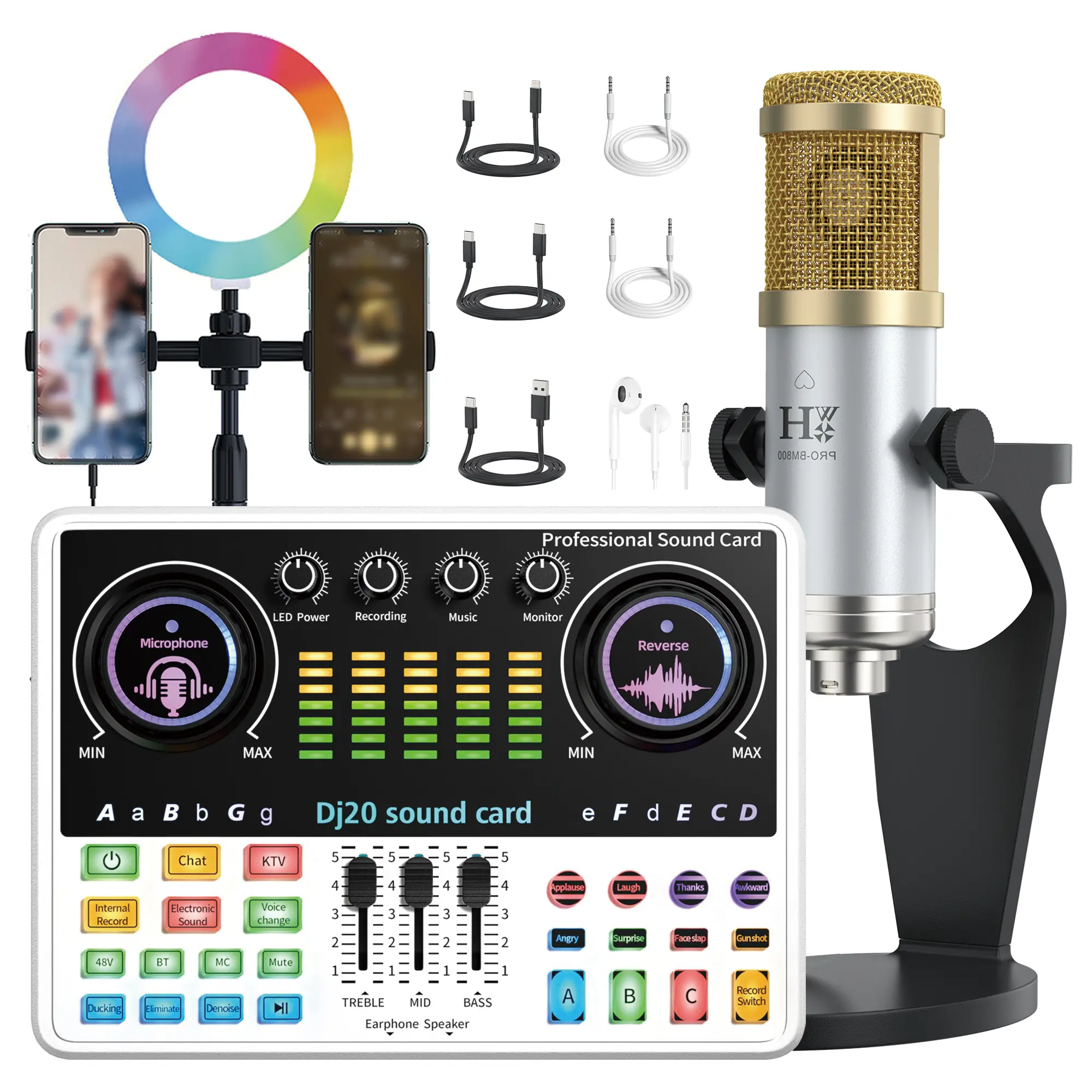 DJ sound card live streaming suite, real-time sound card with 48V microphone interface, one-click operation avoidance, one-click voice change, suitable for podcasts/recording/vocal/game voiceovers