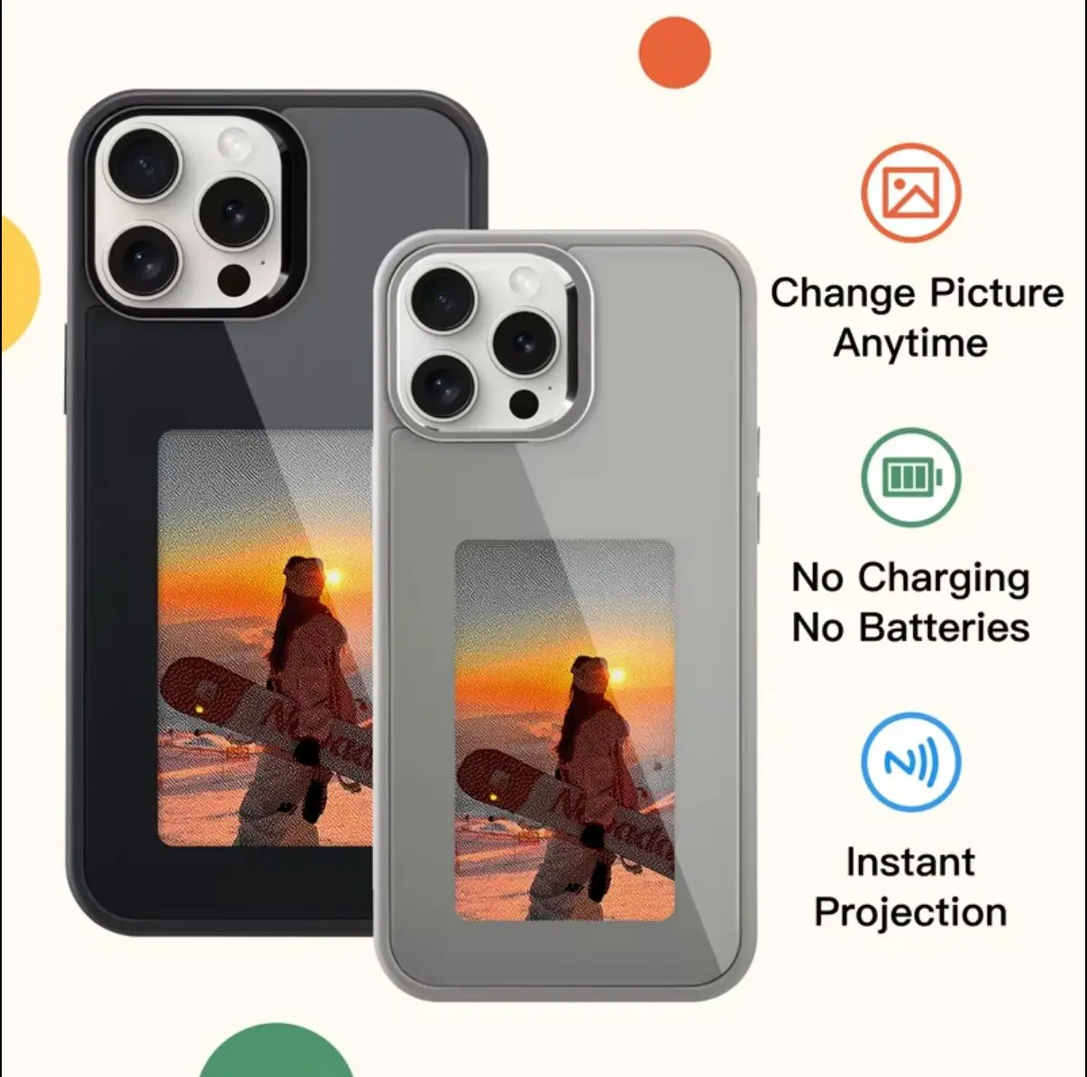 DIY NFC Ink Screen Cellphone Case Accessory for iPhone 15 - Heavy Duty Casing Cover with Tempered Glass, 4.0in 480*800 4-Color Display, App/AI DIY Photos-Calendar-Todo List, Instant Picture Changes, Handheld Devices Customizer Aesthetic Gear Gift