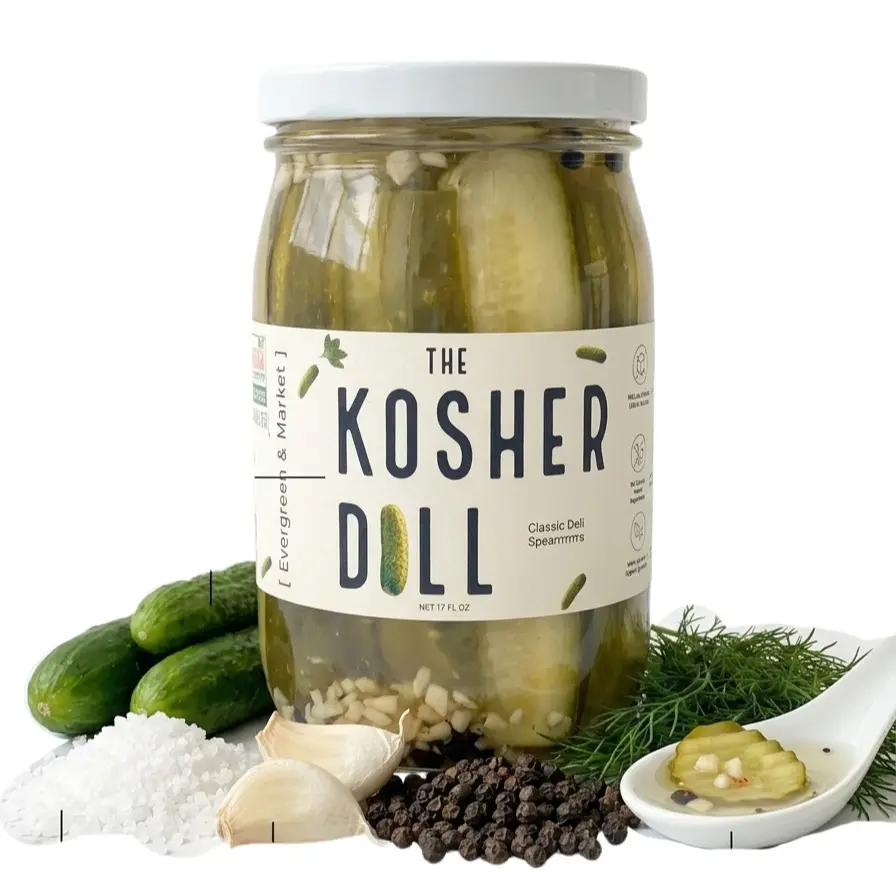 Kosher Dill Pickle Spears - 17 oz Glass Jar with Resealable Lid, Robust Garlicky Tangy Sour Salty & Savory Flavor, Saturated Fat Free Food, 24 Months Shelf Life, Single Jar for Salads, Cocktails, Baking