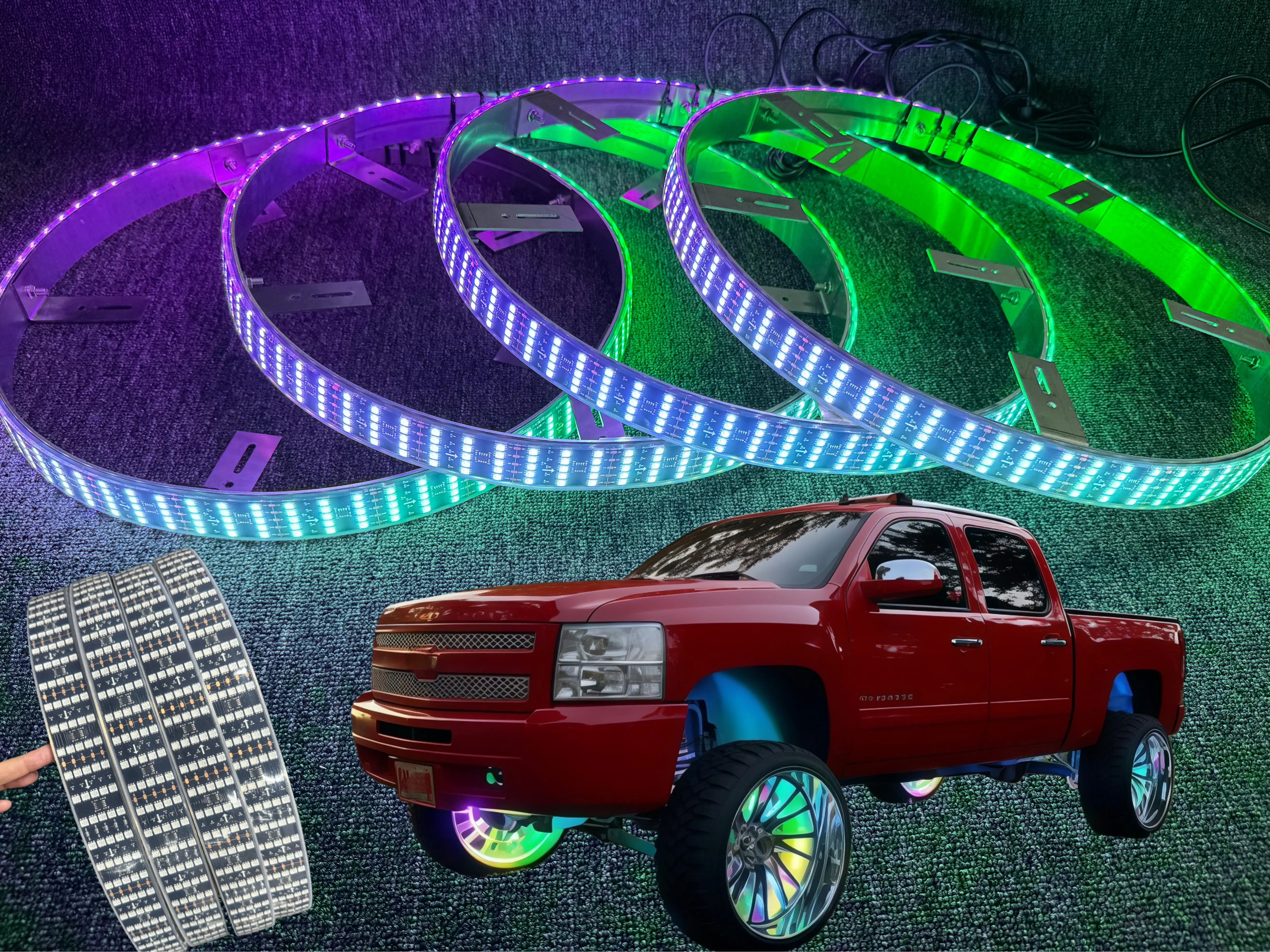 Lighting - 5 Row RGB Dream Color Chasing 15.5" Wheel Rim Lights for Car Truck Brightest Five Rolls Tire Rings Lighting Off-Road SUV Pickup Dynamic Lights