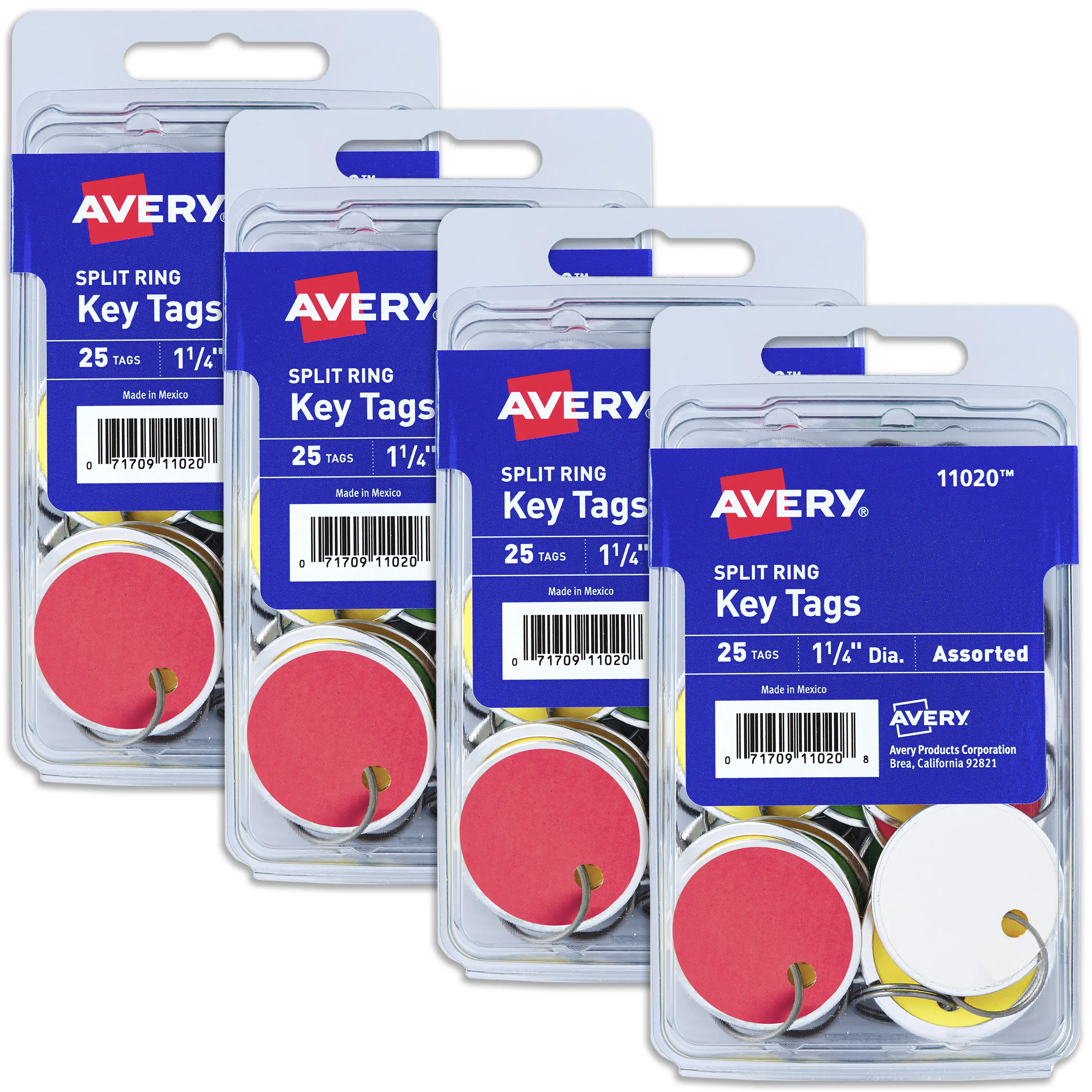Avery Metal Rim Key Tags with String, Assorted Colors, 25 Tags Per Pack, 4 Packs, 100 Total (11020)