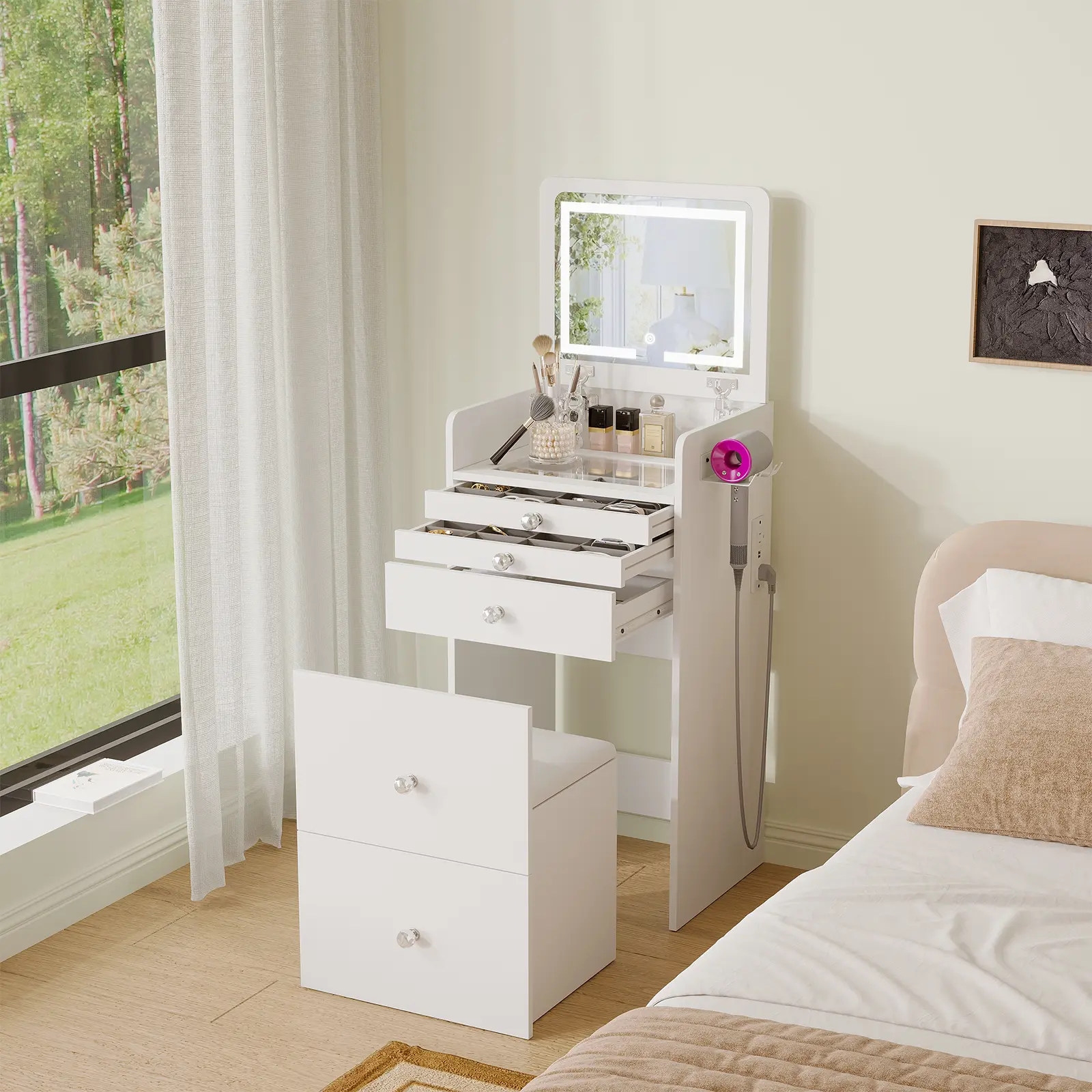 VOWNER Modern 3 in 1 Vanity Desk with 3 Drawers Flip-up Mirror 3 Color Lighting & Cushioned Stool for Bedroom Makeup & Skincare Routine