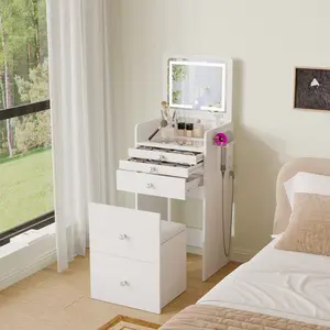 【Valentine’s Day Gift】VOWNER Modern 3 in 1 Vanity Desk with 3 Drawers Flip-up Mirror 3 Color Lighting & Cushioned Stool for Bedroom Makeup & Skincare Routine