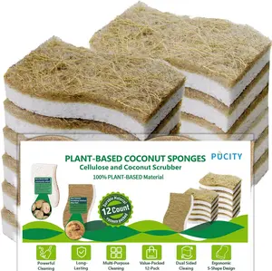 12-Piece Natural Plant-Based Cellulose Household Cleaning Sponge - Non-Scratch, Coconut Scrubber, Biodegradable, Compostable, Eco-Friendly for Kitchen Dishes and Pots