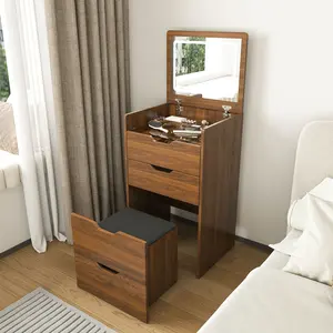 3-in-1 Vanity Desk with Lighted Mirror & Stool Flip Top Makeup Dressing Table Compact Storage for Bedroom Bathroom Dressing Room 18.9L Walnut Finish