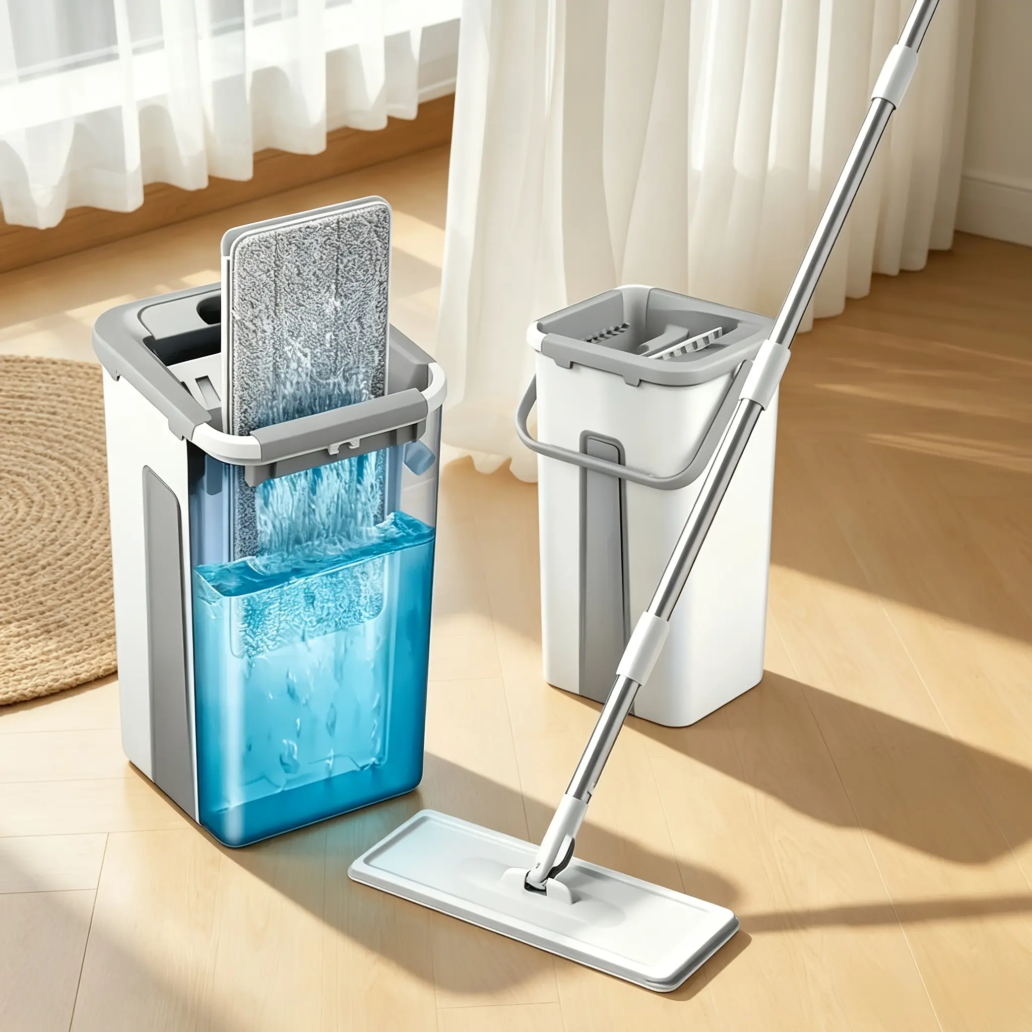 Mop and bucket set with wringer, with 2 reusable microfiber pads with 360° flexible rotation, hands-free flat mop and bucket with long handle for floor cleaning and wall cleaning