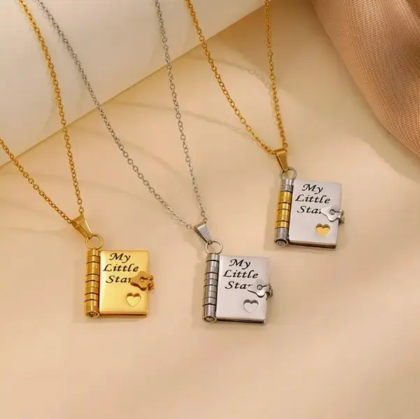 Elegant Decorated Necklace with Book Opening Locket, Dainty Silver Tone Stainless Steel Jewelry for Women, Ideal for Casual Wear and Gifting, Gatherings & Gifting, Book-Themed Necklaces, Decorated Necklaces