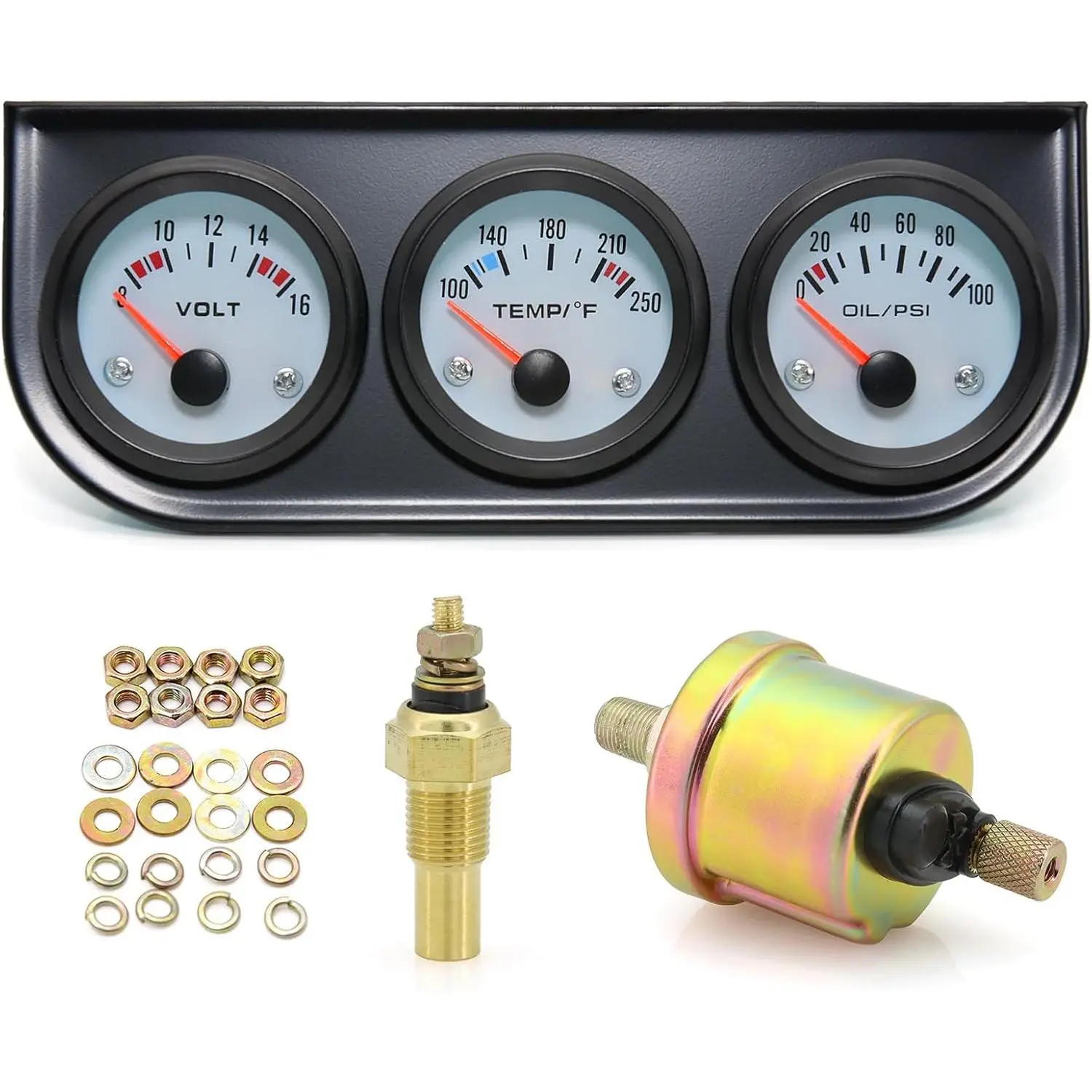 52mm Triple Gauge Set (Oil Pressure+Water Temp+Voltmeter) 3 in1 White Triple Meter Kit Dashboard with Black Console for 12V AUTO Car