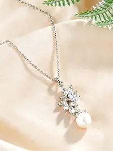 Elegant Long Leaf Pearl Zircon Necklace for Women, Fresh High-End Party Wedding Pendant Jewelry, Fashionable Evening Accessory