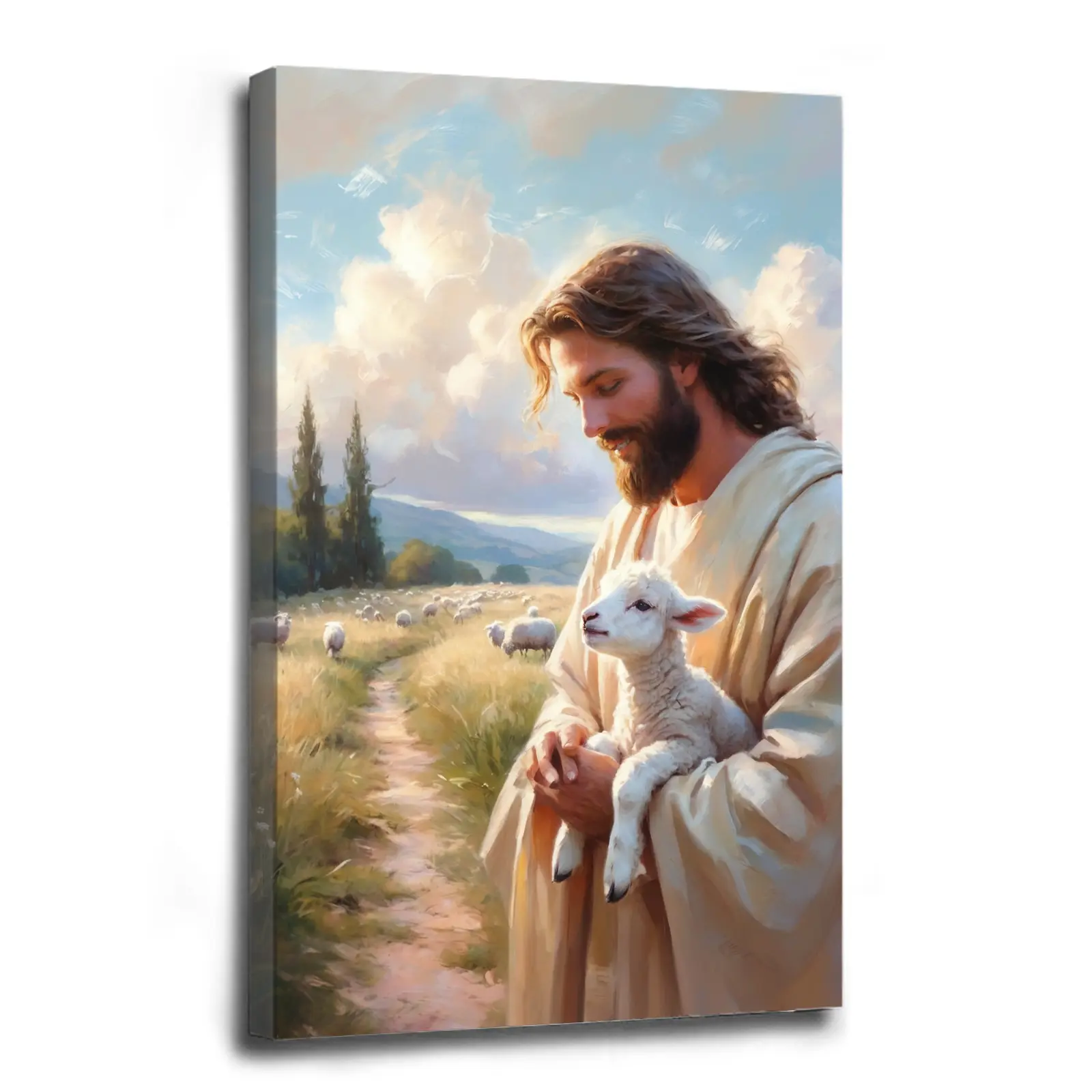 Jesus Good Shepherd Christian Wooden Wall Art Pastoral Sheep Style with Warm Cozy Vibe Classic Faith-Themed Religious Decorative Wall Decoration for Bedroom Home Supplies Wood Grain Print Christianity-Inspired Ornament