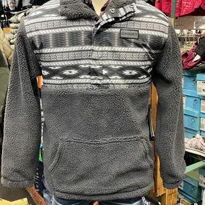 Hooey Men's Grey Sherpa Fleece Pull Over - Cozy Aztec Pattern Long Sleeve Hoodie