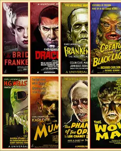 Vintage Classic Horror Movie Art Prints Posters Reprod Universal Monsters Old Hollywood Lot of 8 Creatures Universal Monsters Poster Classic Horror Movie Icons Art Prints Halloween Wall Art for Living Room Bedroom Office Decor Gift