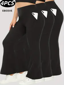 3pcs Set - Plus Size High-Waisted Flared Pants with Diagonal Pockets - Comfortable And Stretchy - New Autumn Style ,New Wide-leg Pants For Women In All Seasons, Casual Hip-lifting High-waist Stretch Pants, Loose Flared Pants Suitable For And Aerobics