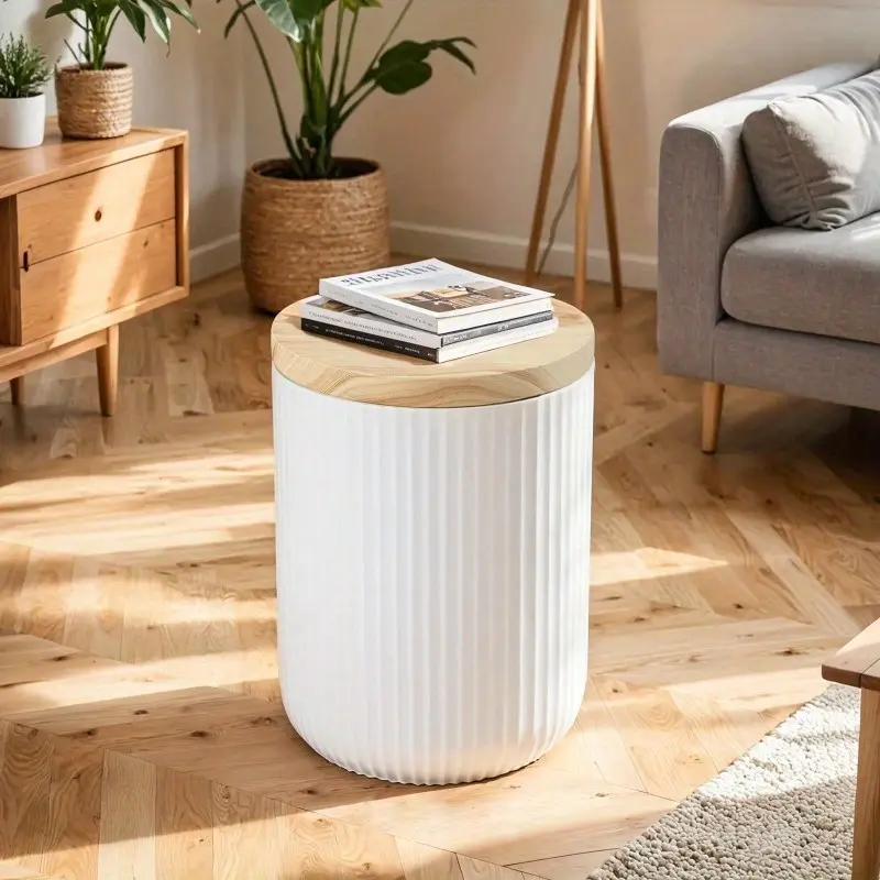 Round Magnesium Oxide Outdoor Accent Table (White) - Weather-Resistant Side Table with Hidden Storage, Indoor/Patio Friendly