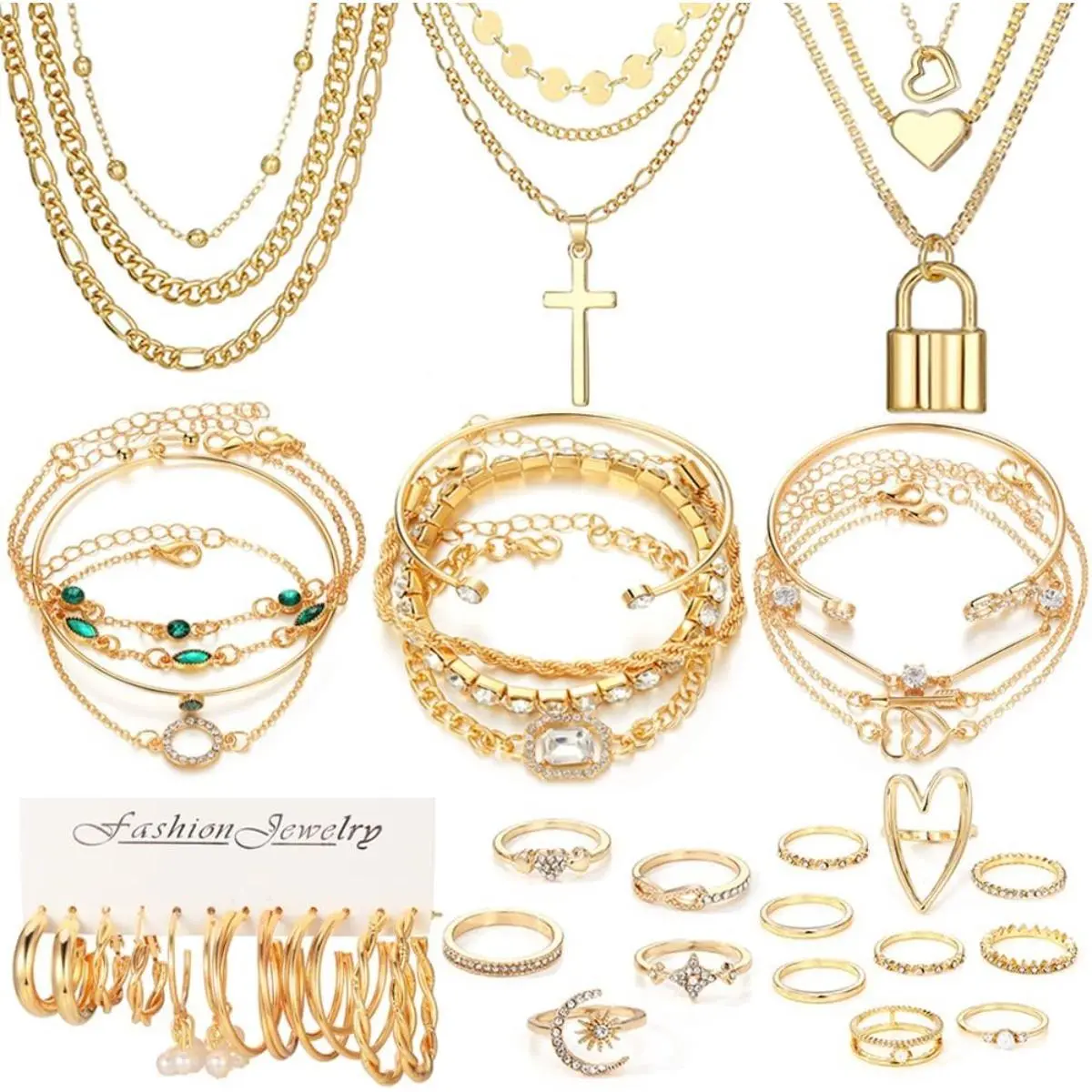 36/24 Pcs Golden Jewelry Set for Women with Multi Layered Necklaces,Stackable Bracelets,Knuckle Rings,Hoop Earrings,Fashion Outfit Accessories Jewelry Packs,Halloween Christmas Party Fathersdaygift,Hand Tools Kits