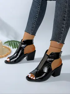 Women's Wide Width Fish Mouth High Heels, Chunky Sole Lightweight French Style Low Top Roman Sandals, PU Leather Rubber Sole