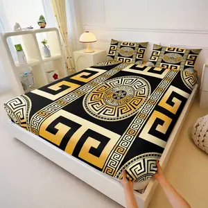 Vintage Black & Gold Greek Key Fitted Sheet Set, Geometric Pattern Print Luxurious Feel Luxury Soft 3-Piece Bedding Set, Breathable Fabric, Bohemian Style, Ideal for Hotel and Bedroom Decor, Suitable for Adults