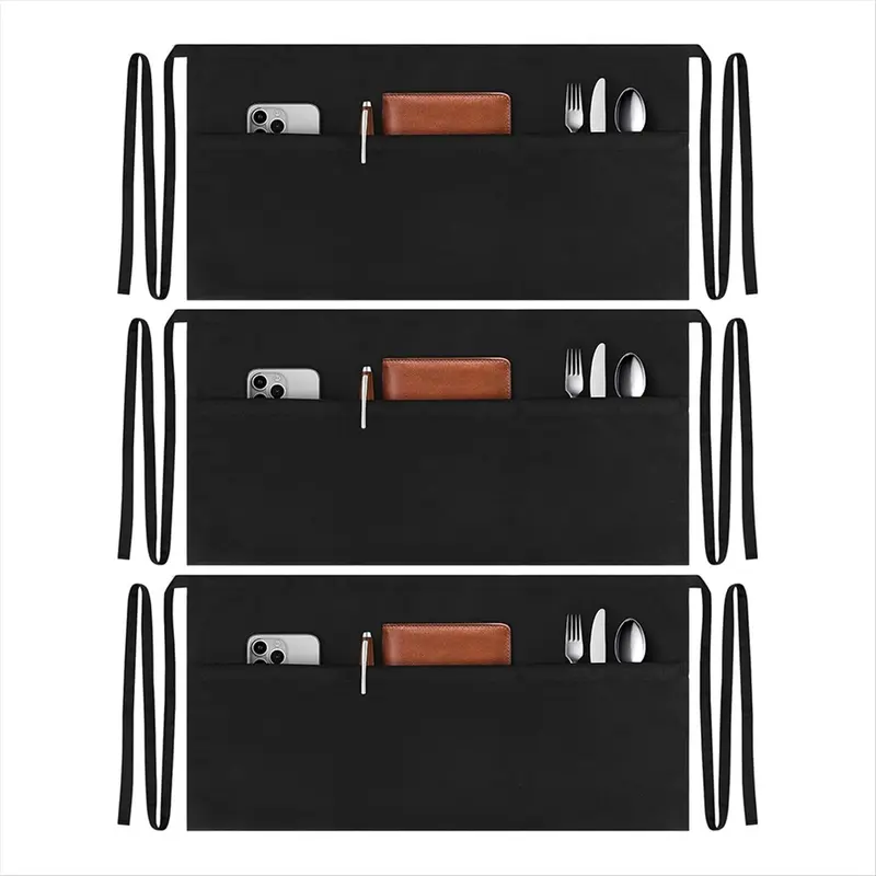 3 Pack Server Aprons with 3 Pockets, Water Oil Stain Waitress Waiter Apron Black Waist Aprons Bistro Apron for Women Men for Christmas New Year Home Use