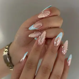 24pcs Ocean Shell Pattern Nail Set, Fake Nails Kit, Nail Art Supplies, Light Blue French Nude Long Square Nails, 3D Embossed Rhinestone, Detachable No Glue Needed