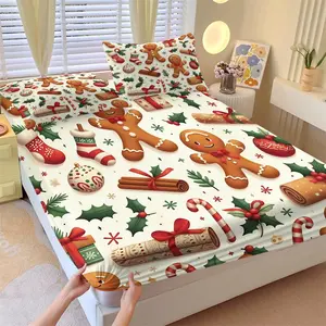 3Pcs Festive Christmas Fitted Sheet Set, Cheerful Gingerbread Men & Holiday Elements Print, Soft & Durable Bedding, Perfect for Cozy Winter Decor & Holiday Gifts, Bring Joy to Your Bedroom, Decorative Bedsheet Sets, No Pillow Core