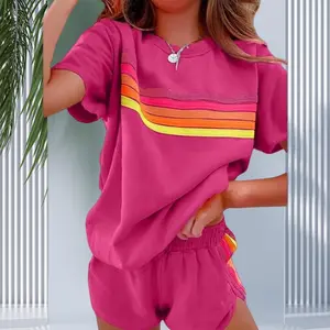 Casual Versatile Rainbow Sports Suit Women Short Sleeve 2 Piece | Trendy Rainbow Print Sports Suit Short Sleeve Two Piece Outfit | Soft Skin Friendly Sports Suit Rainbow Short Sleeve 2 Piece sweatsuit
