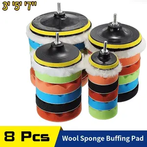 8Pcs 3/5/7 inch Car Polishing Pad Kit, Sponge and Wool Polishing Pad Set with Drill Adapter, Car Buffer Polisher Drill Buffing Kit for Polishing, Waxing, Sealing Glaze