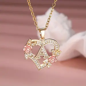 Elegant Heart Shape Pendant Necklace with Initials A-Z, Copper Zirconia Versatile Charm Necklace Personalized Jewellery Style Decoration Crystal Beaded
