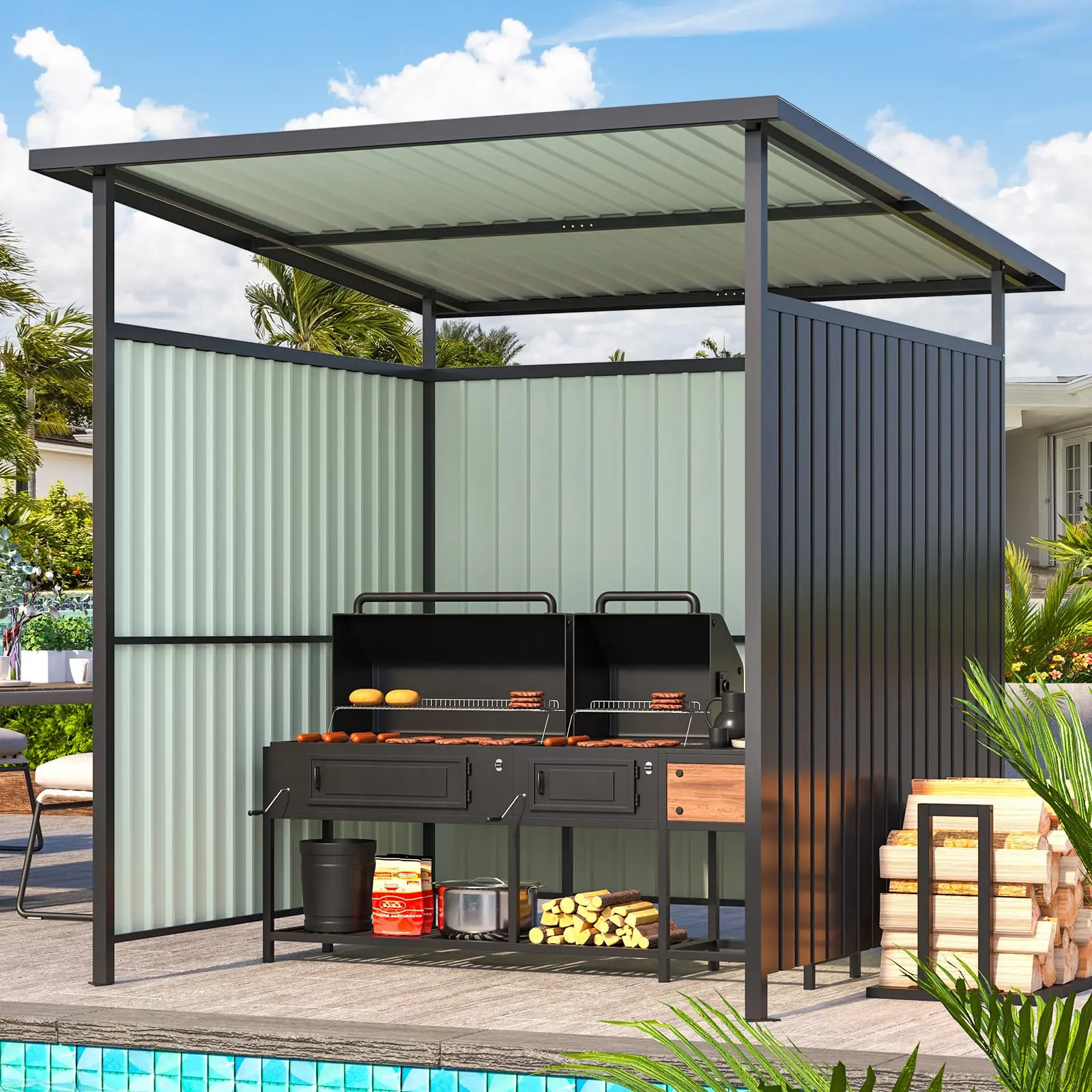 AECOJOY 6' x 6' Hardtop Grill Gazebo, Small Outdoor Pergolas and Gazebos Clearance, Lean to BBQ Gazebo for Outdoor Grill, Metal Awnings for Patio and Decks