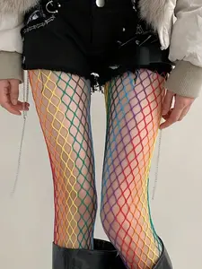 Women's Sexy Geometric Pattern Stockings, Colorful Fishnet Pantyhose, Rainbow Grid Design, Stylish & Comfortable Socks