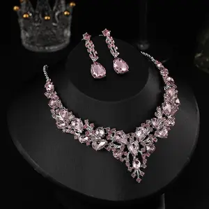 Pink Teardrop Zircon Necklace & Earrings Set — Hypoallergenic, Silver-Tone, Sparkling Bridal Jewelry; Perfect for Weddings and Proms. An Elegant and Eye-Catching Gift for Women and Bridesmaids.