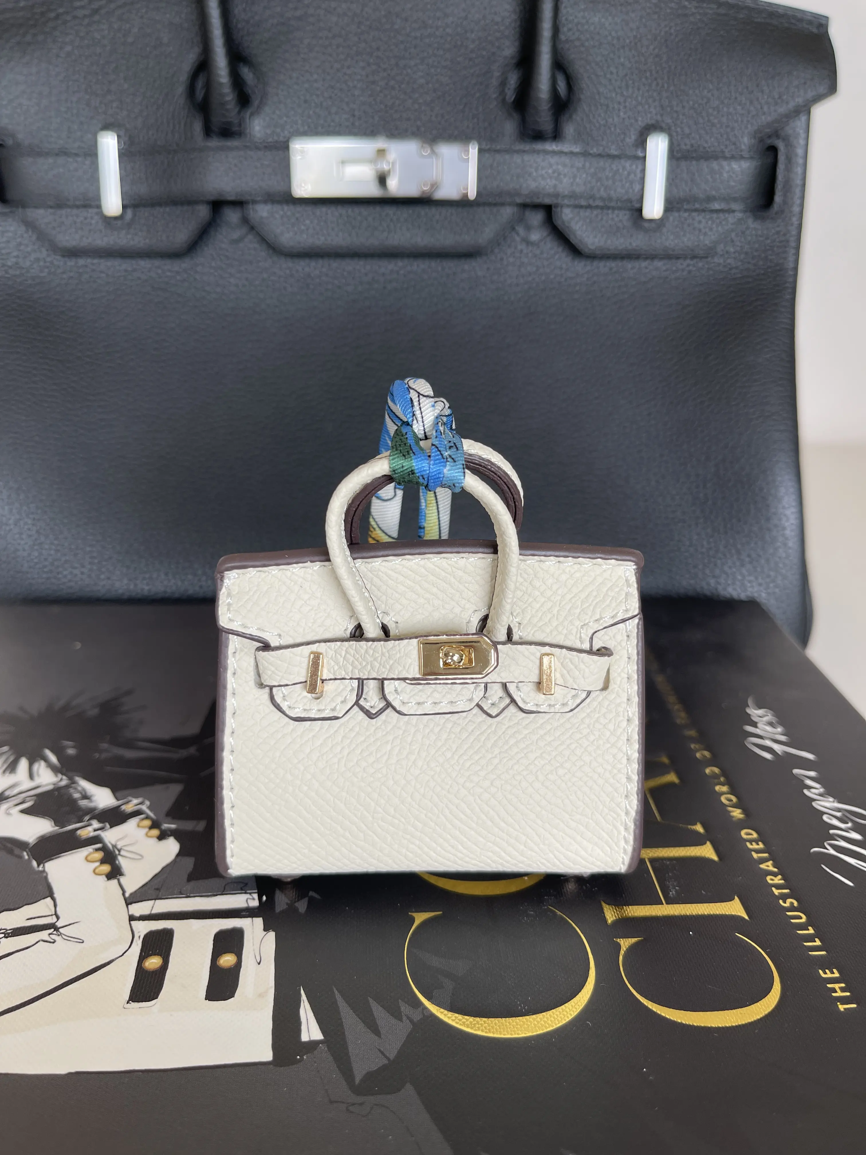 Mini Bag Charm/Keychain Leather with Gold Hardware and Blue Ribbon