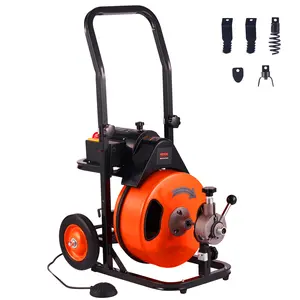 【fathersdaygift】VEVOR Drain Cleaning Machine 100FT x 3/8 Inch, Sewer Snake Machine Auto Feed, Drain Auger Cleaner with 4 Cutter & Air-Activated Foot Switch for 1" to 4" Pipes