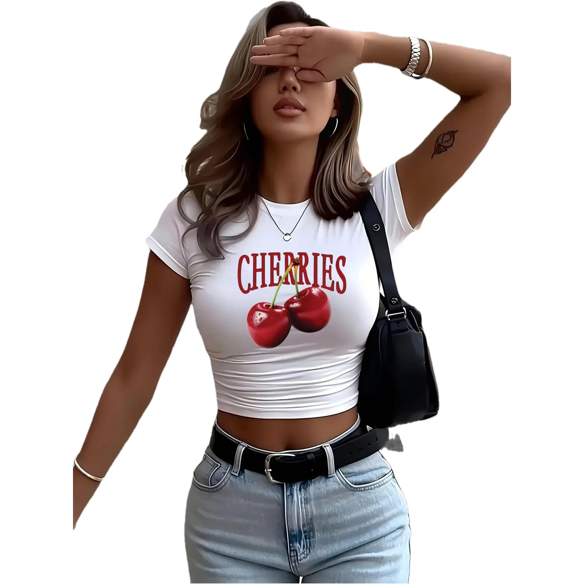 2026 New Fashion Y2K Women'S Short T-Shirt Sweet Cherry Print Vibrant Dopamine Creative Drawing Cute Sweet Cool Style Daily Versatile Micro-Elastic Fabric Breathable And Comfortable Autumn And Summer Wear Preferred